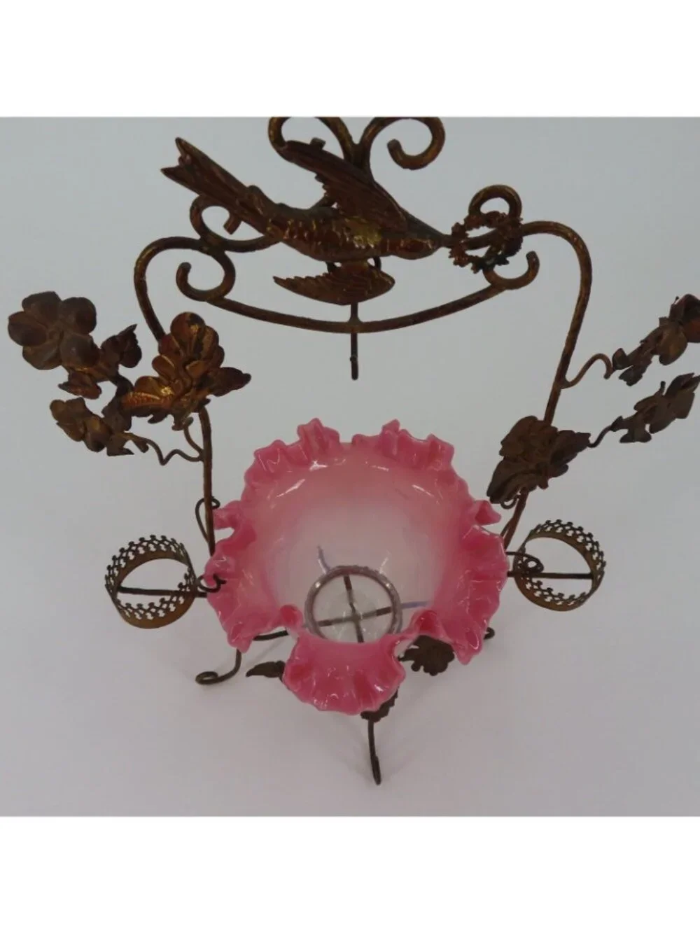 Antique French Gilt Pocket Watch Holder Vanity Pink Glass Bowl Bird Flowers